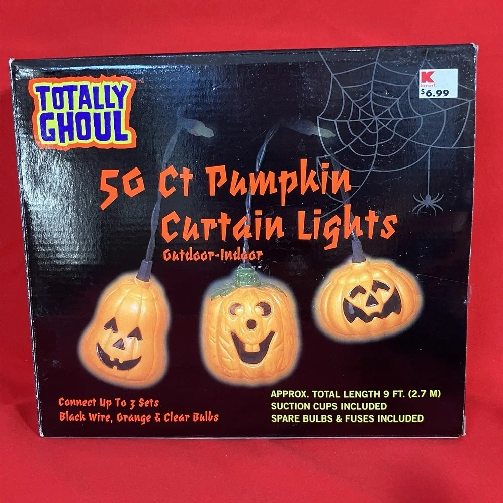 1 - Totally Ghoul 50 Curtain Lights W/ 10 Jack O Lantern Pumpkins / 9 Ft / Flaw